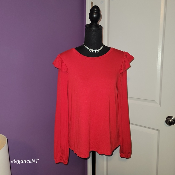 Crown & Ivy Red Ruffle Sleeve Top Sz: M NWT - Picture 6 of 7